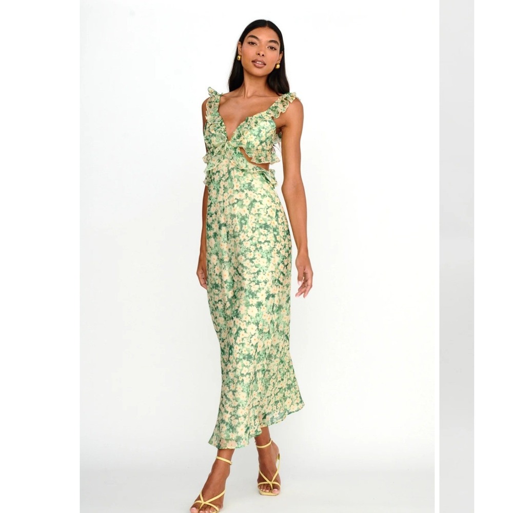 Selfie Leslie Floral Romantic Midi Dress Size M Green Ruffle Cutout Coquette